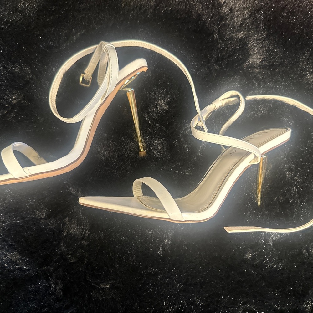 Women's White Strappy Stiletto Sandals with Gold Heel